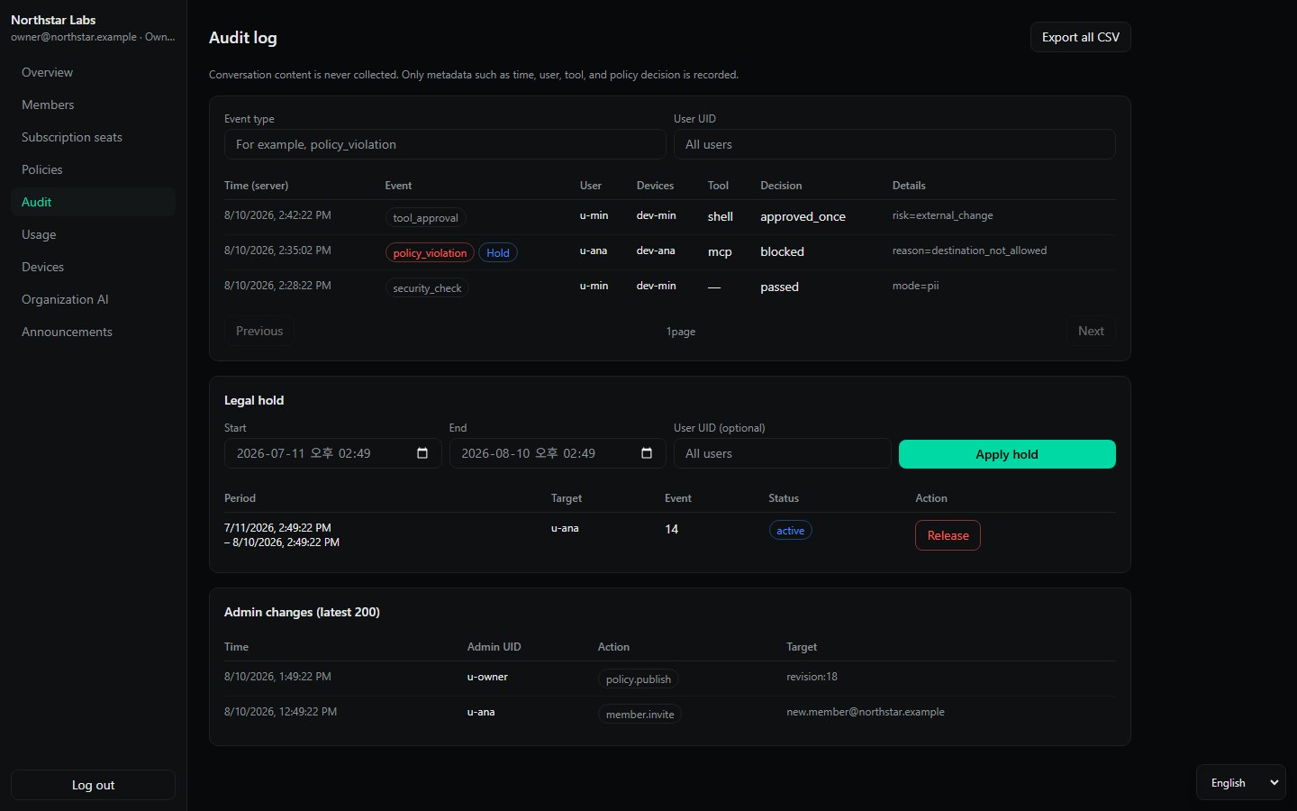 AgentDeck Enterprise metadata-only audit log