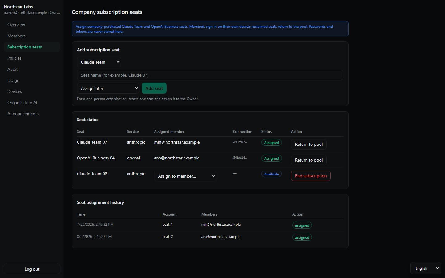 AgentDeck Enterprise subscription seat assignments