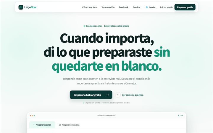 Interfaz de práctica para exámenes orales y entrevistas de LingoFlow